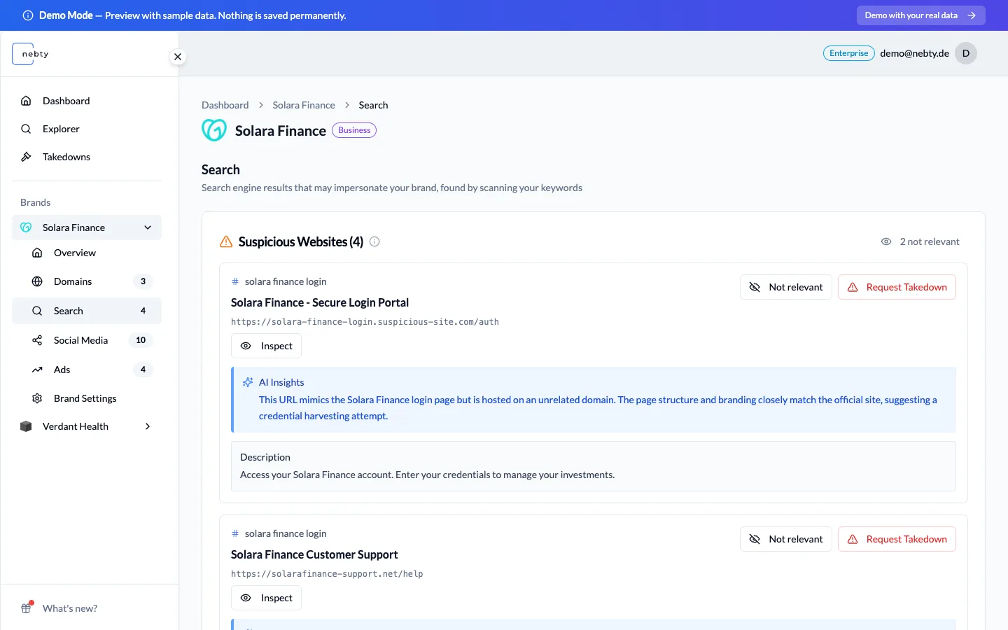 The Search tab showing flagged Google results with AI reasoning
