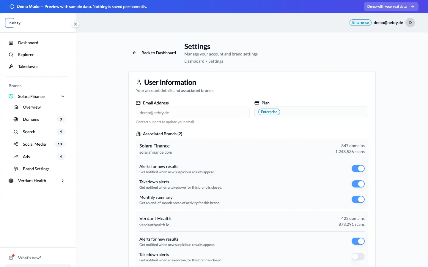 The Settings page showing per-brand notification options